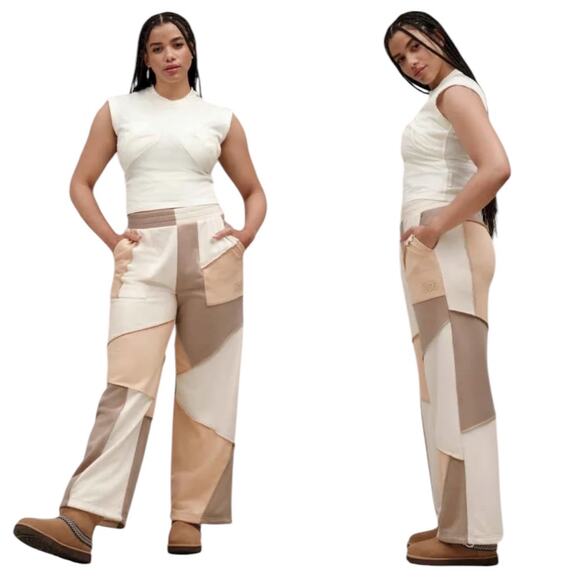 UGG Raini Piecework Pant Colorblock Beige Brown Sweat Pants Size Large - Picture 1 of 12